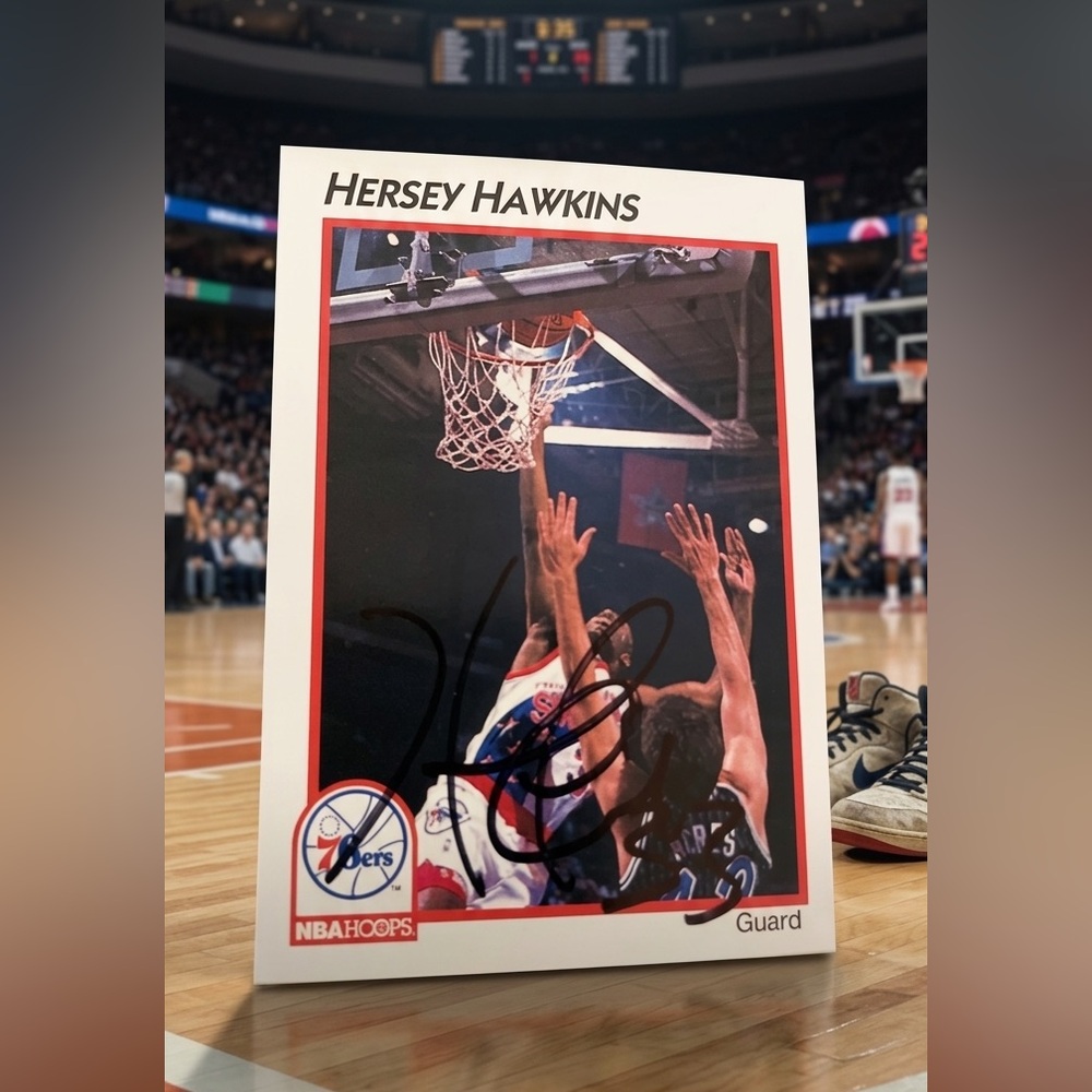 Hersey Hawkins Autograph Signed Card Philadelphia 76ers Authentic NBA